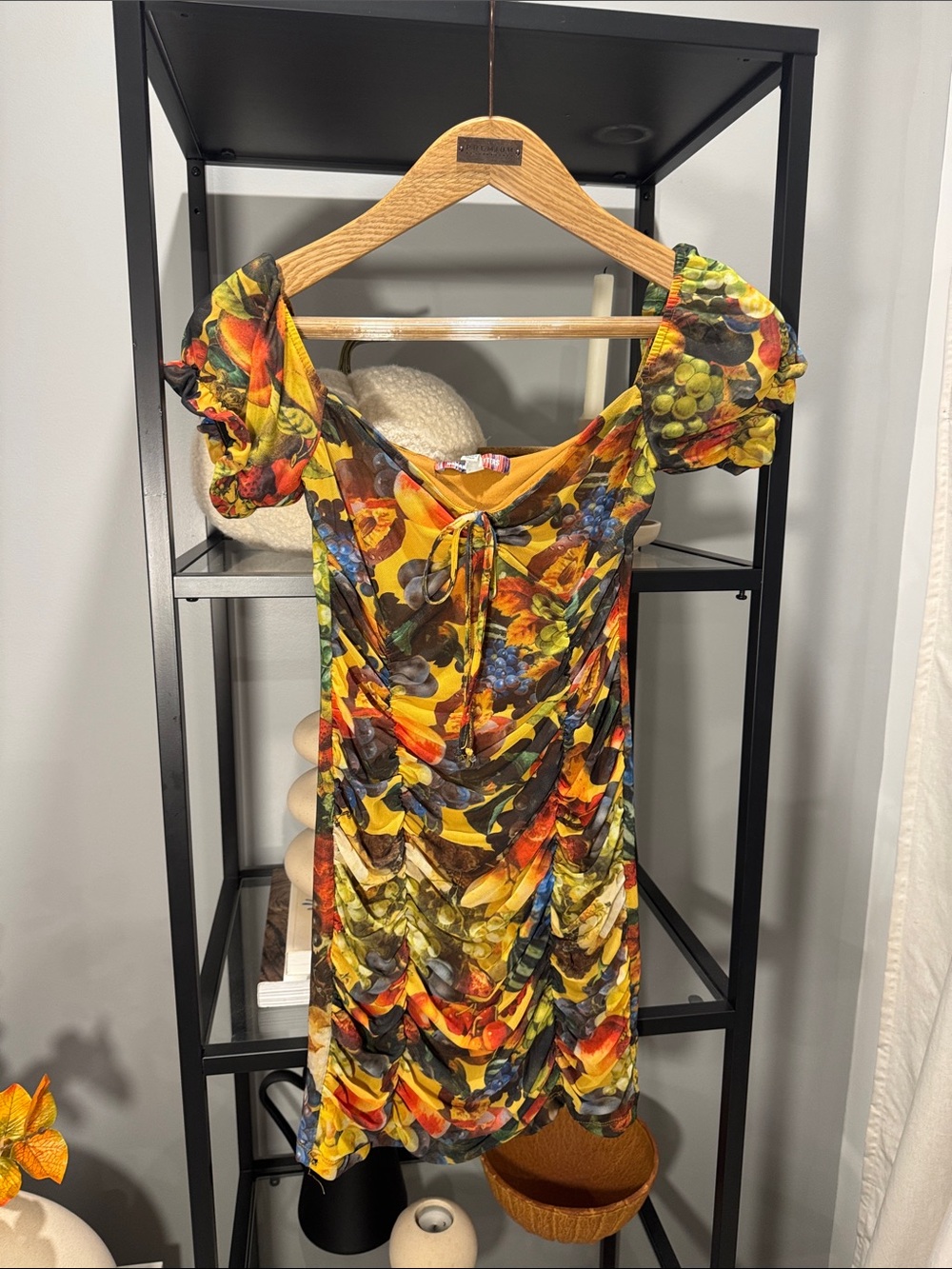 038. Yellow Floral Tie-Front Ruched Mini Dress